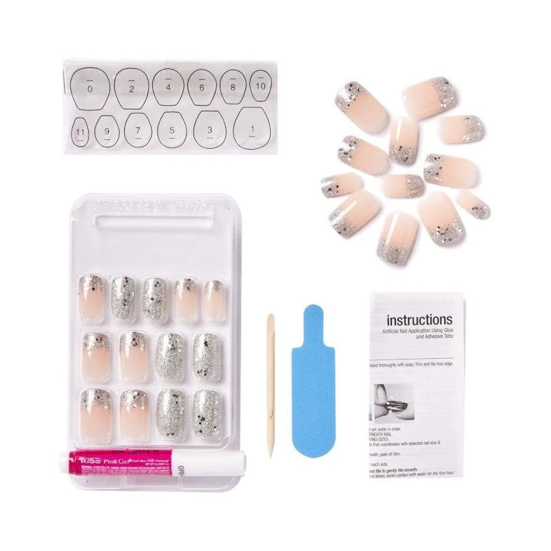 Kiss-Gel-Fantasy-Collection-Medium-Length-Rosa-French-Con-Brillos-Y-Plateado-Con-Glitters-24-Nails---4